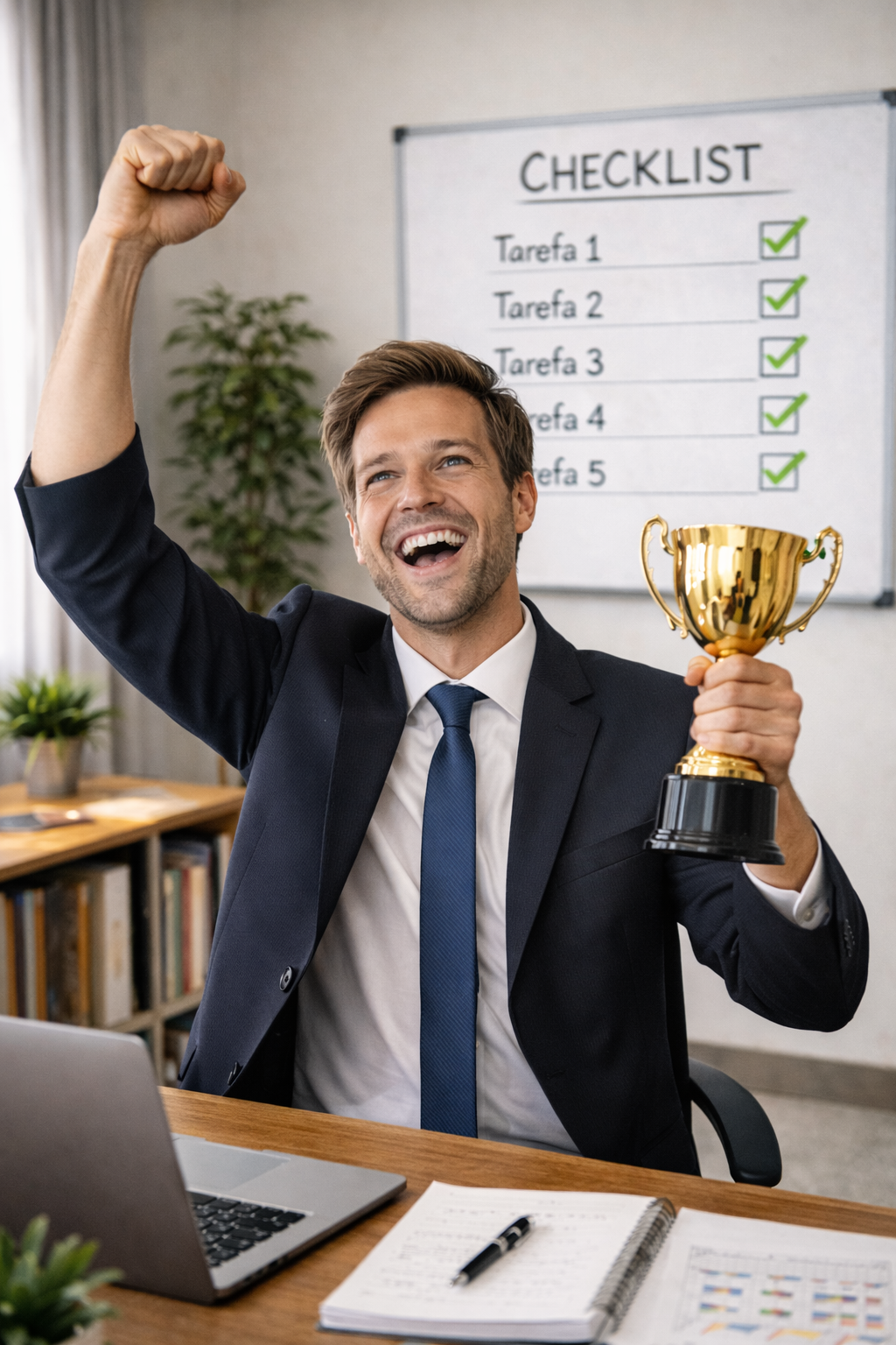 Homem comemorando conquista com troféu em frente a checklist completo, representando resultados com disciplina