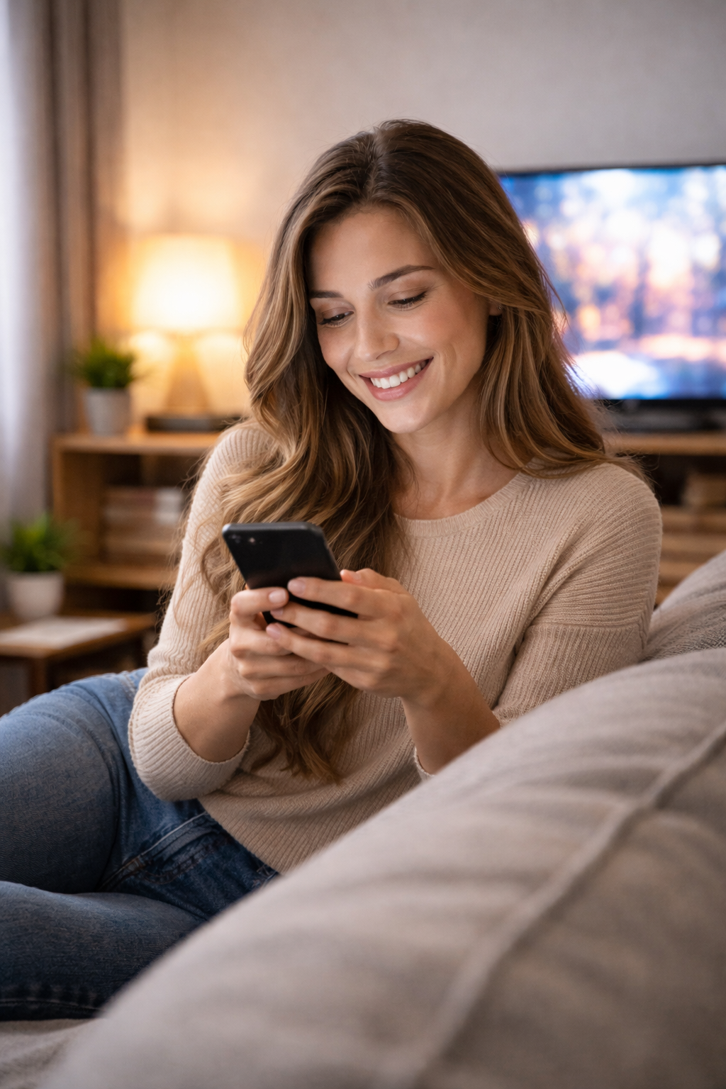 Mulher sorrindo enquanto usa o celular no sofá, representando distração e procrastinação no dia a dia