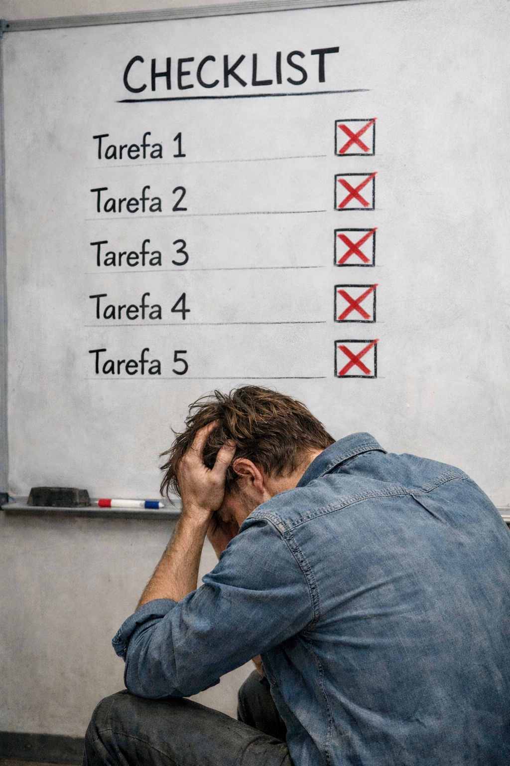 Homem frustrado diante de um checklist com tarefas não concluídas, representando procrastinação e falta de método