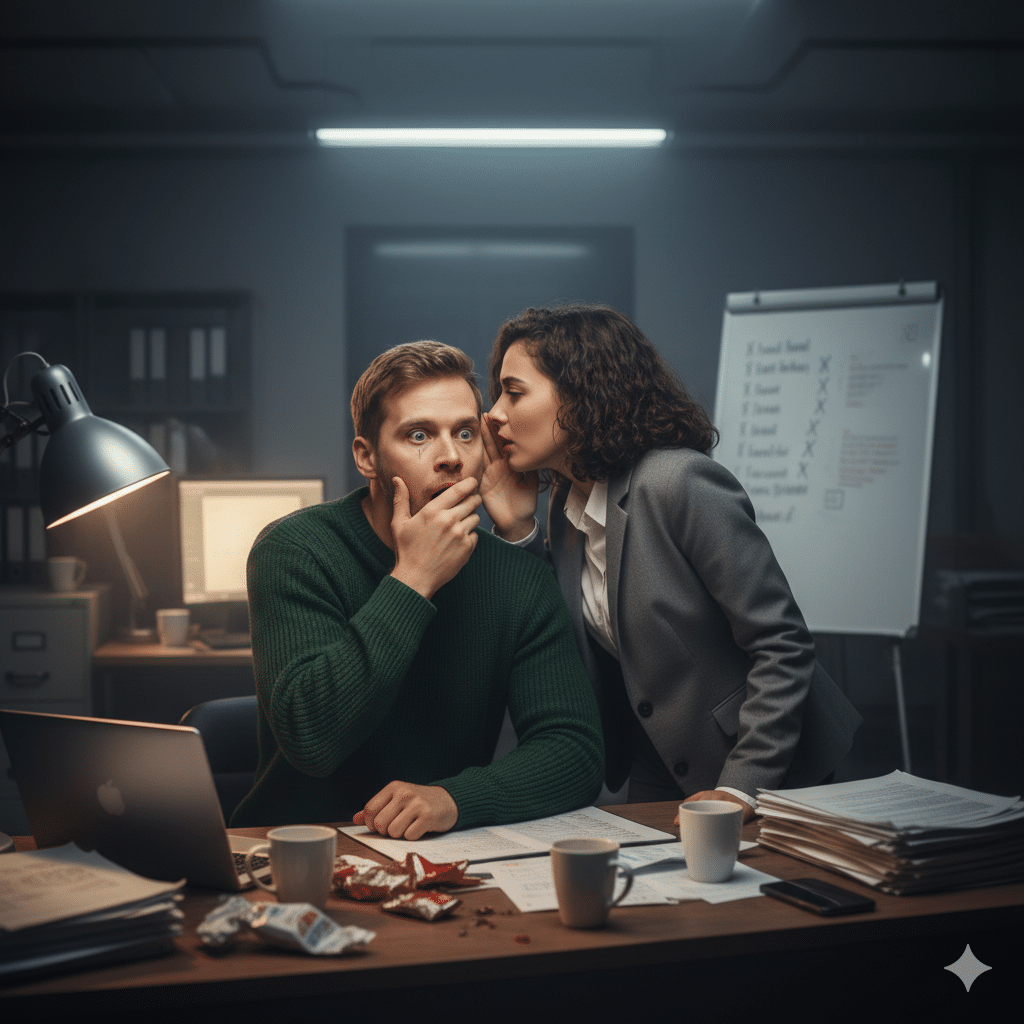 Mulher contando um segredo no ouvido de um homem, representando uma verdade reveladora sobre disciplina e procrastinação