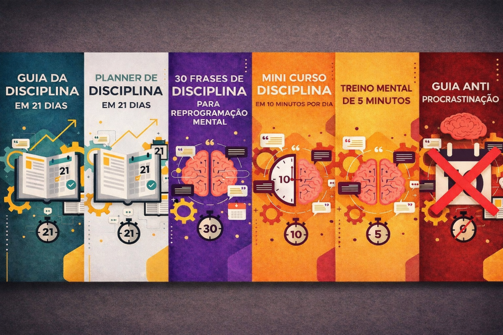 Imagem ilustrativa mostrando o ebook Guia da Disciplina em 21 Dias e seus bônus complementares sobre foco, planejamento e combate à procrastinação